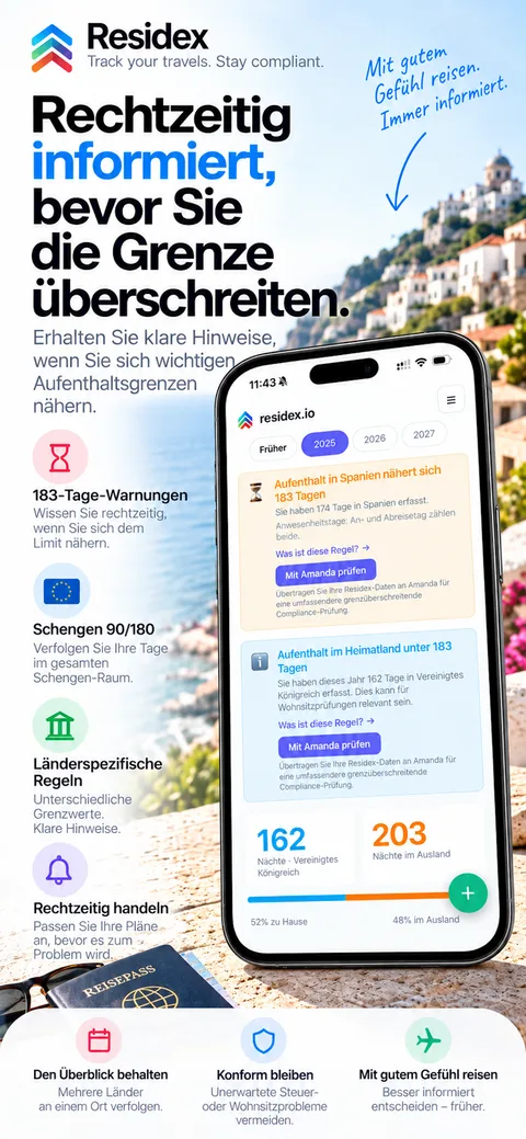 residex.io warnt, dass ein Aufenthalt in Spanien sich 183 Tagen nähert; darunter die Nächte des Jahres zu Hause und im Ausland