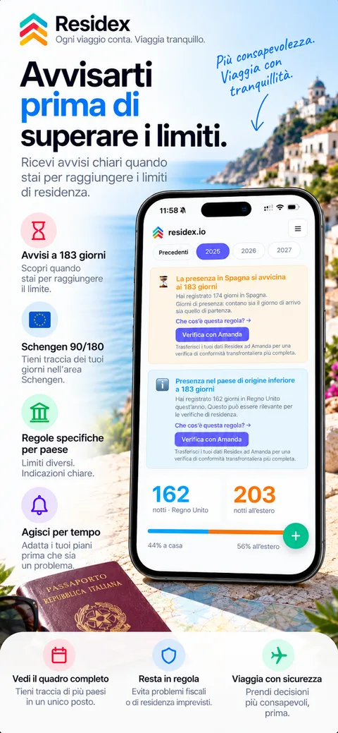 Avviso di residex.io: un soggiorno in Spagna si avvicina ai 183 giorni, con sotto le notti dell’anno trascorse in patria e all’estero